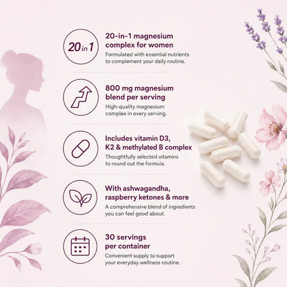 Magnesium Complex for Women – 20-in-1 with D3, K2, B Complex & Ashwagandha
