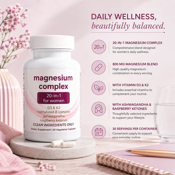Magnesium Complex for Women – 20-in-1 with D3, K2, B Complex & Ashwagandha